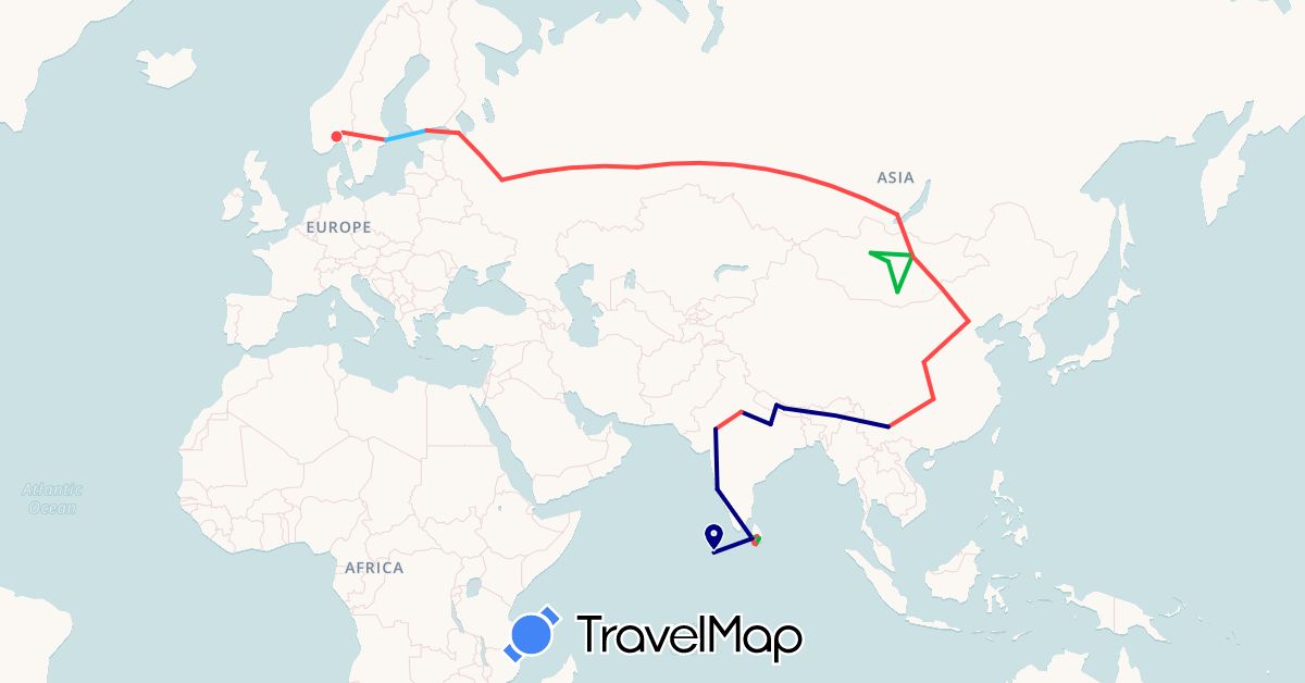 TravelMap itinerary: driving, bus, hiking, boat in China, Finland, India, Sri Lanka, Mongolia, Maldives, Norway, Nepal, Russia, Sweden (Asia, Europe)